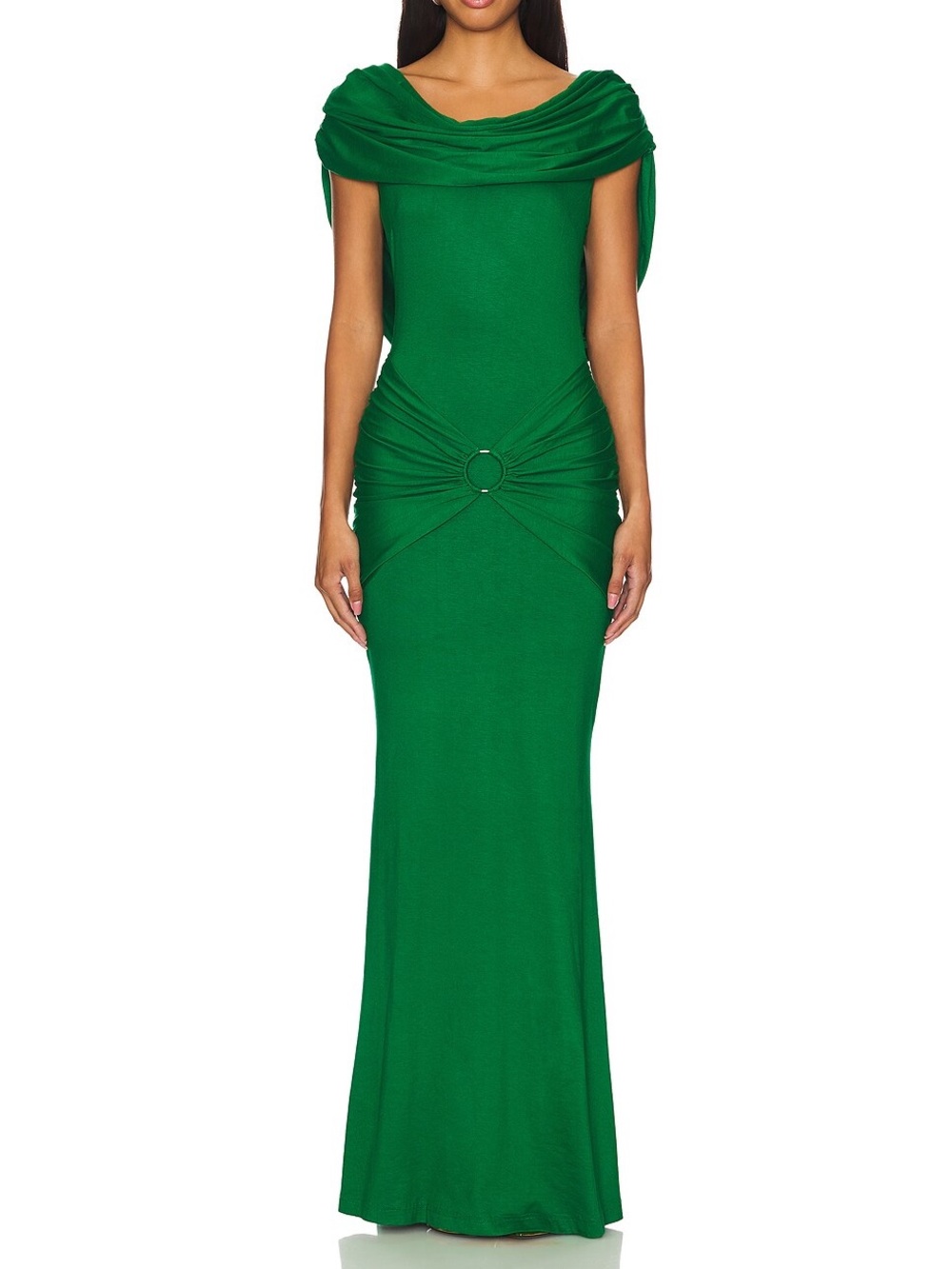 YAURA Aanu Green Maxi Dress Ruched O-Ring Off Shoulder Gown UK 8 NWT